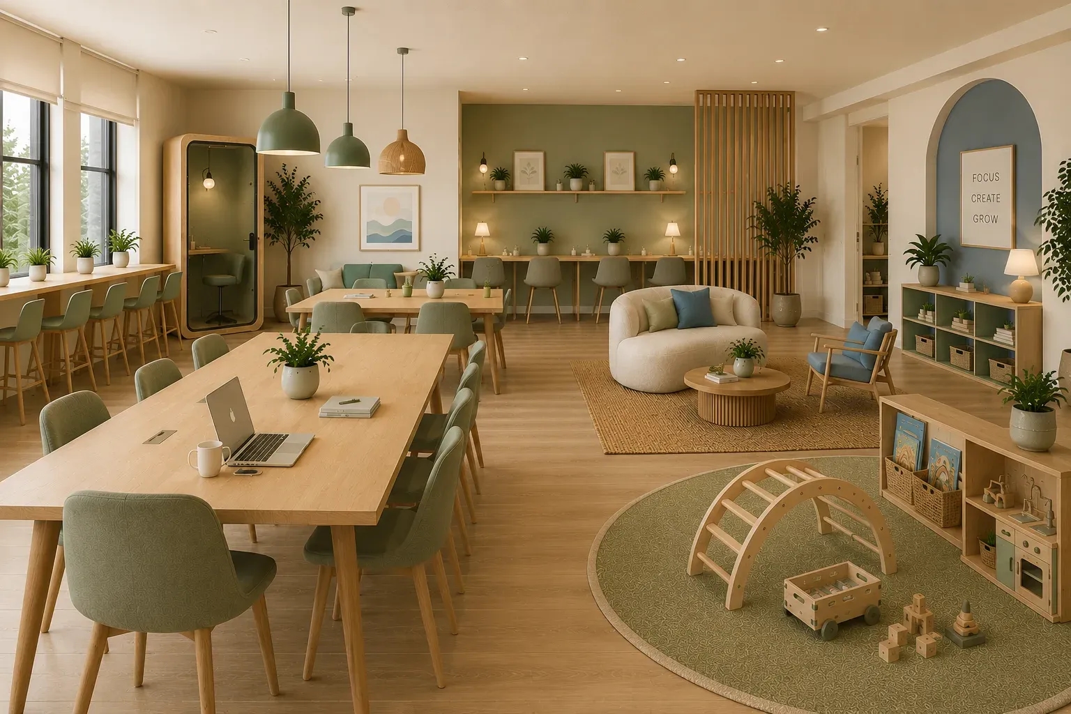 Espaço do Little Saints Cowork com secretárias de trabalho e uma zona de brincar inspirada em Montessori